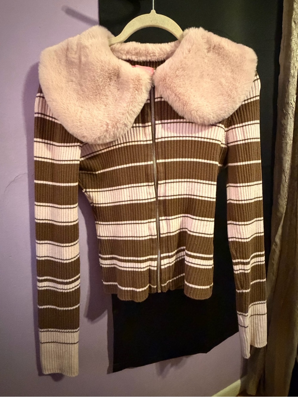 Sugar Thrillz Faux Fur Collar Striped Zip-Up Jacket - Pink & Brown size Md/Large - Picture 3 of 9